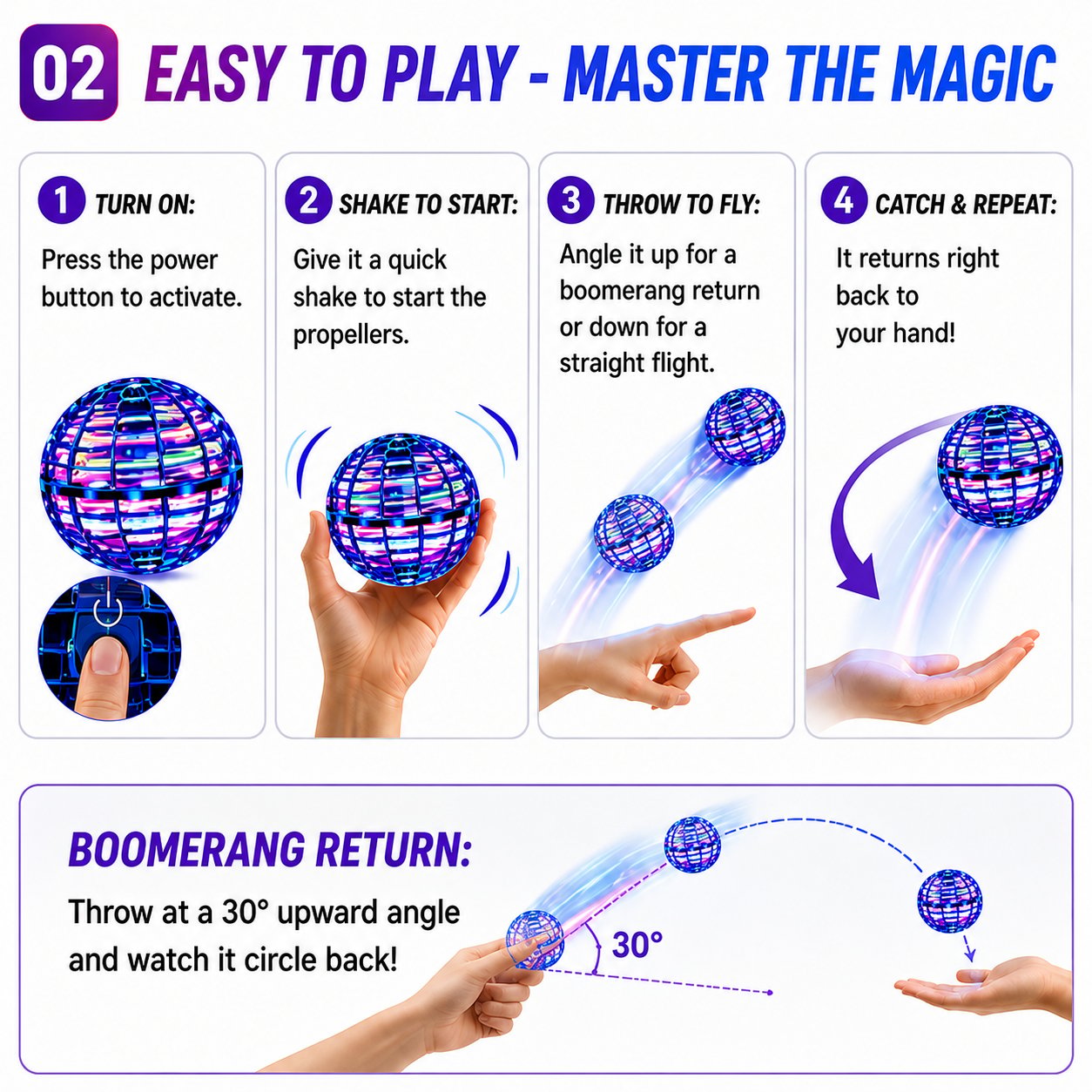 ✨ Flyorb Magic Flying Ball Toy RGB Light Boomerang Spinner