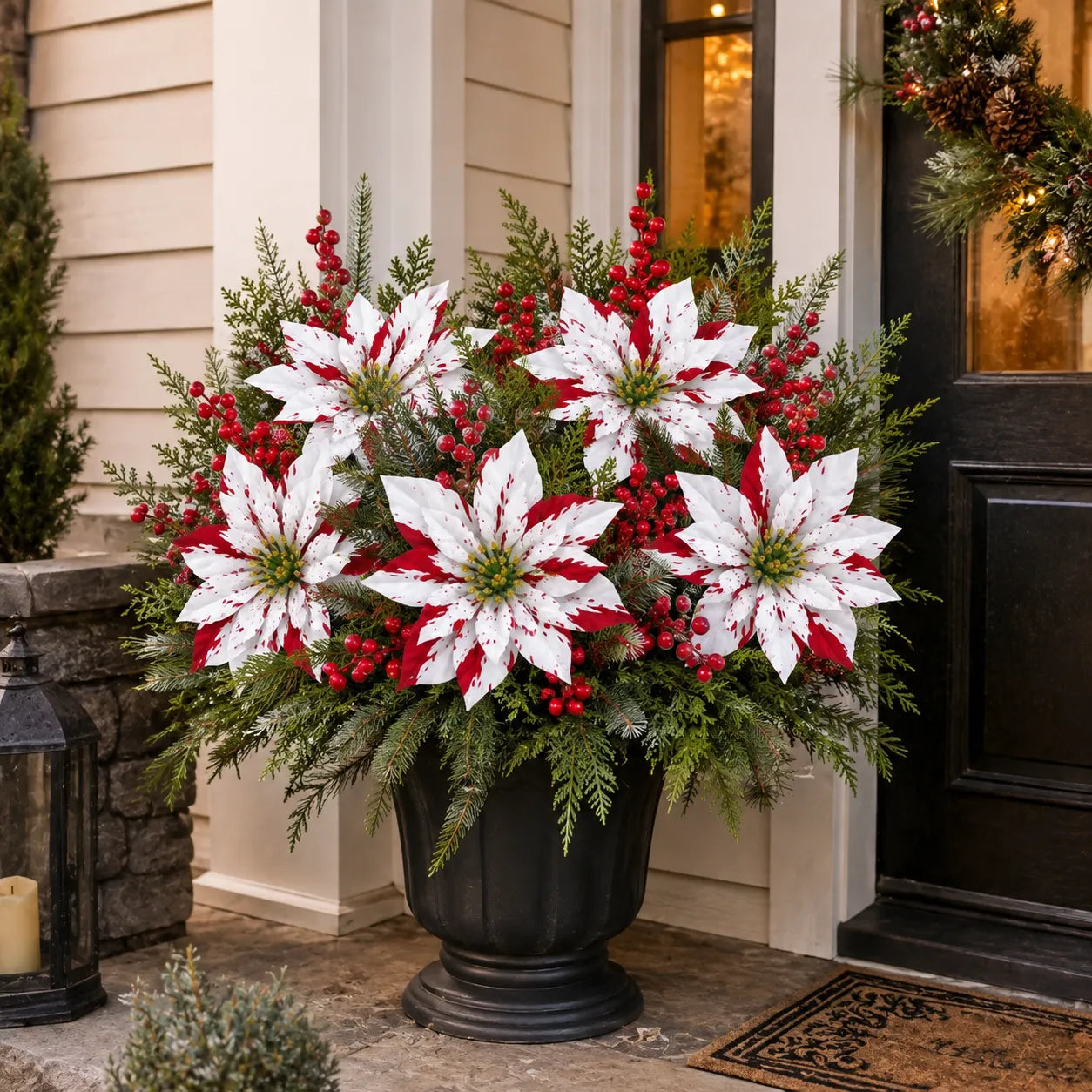 🔥Last Day 50% OFF🌺🎄Christmas Poinsettia Planter Inserts – Set of 6 Red & White Holiday Floral Picks