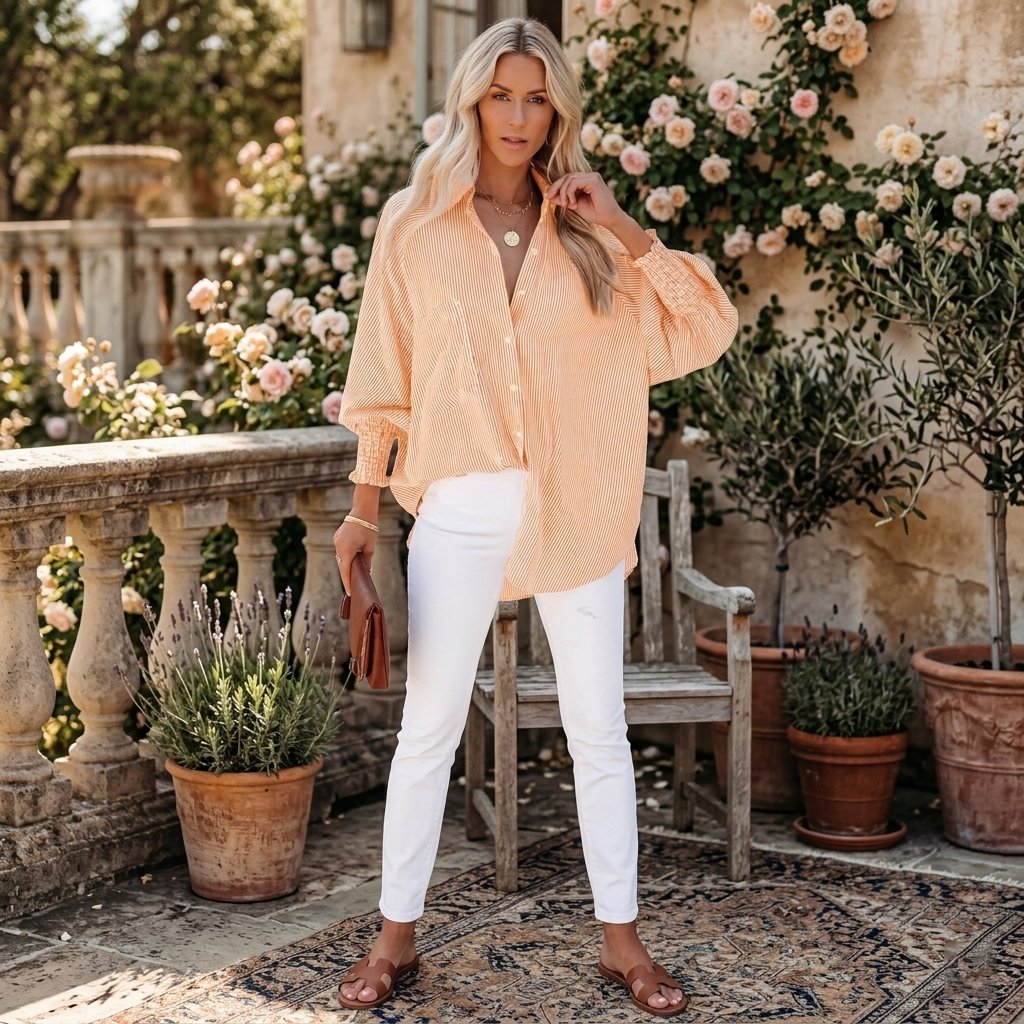 🔥Last Day 49% OFF🔥Chic Striped V-Neck Blouse: Oversized Fit & Smocked Cuffs