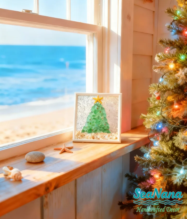 🎄Handcrafted Sea Glass Christmas Tree Art– Coastal Charm with Luxe Beachy Festive Flair🎄