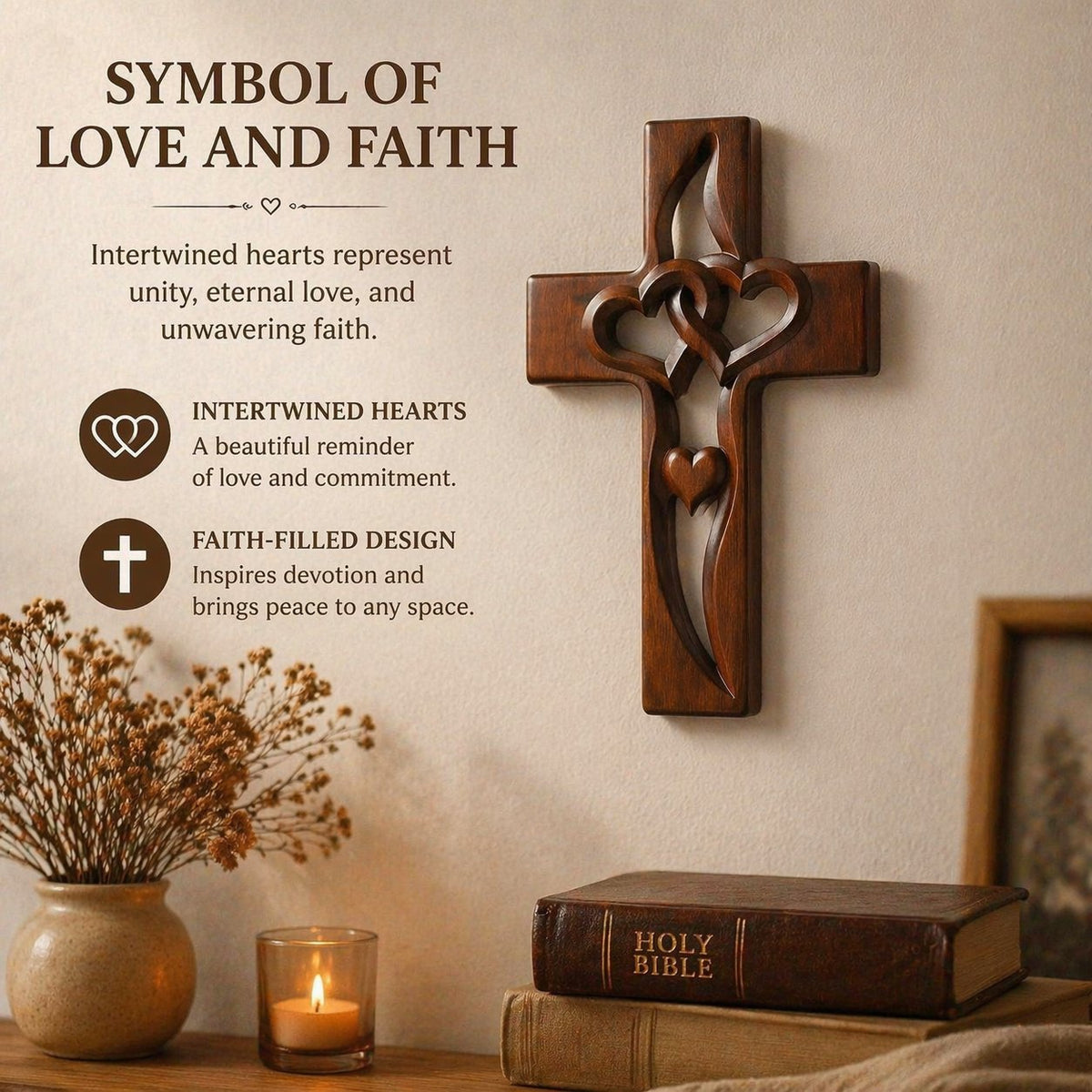 ✝️ Handcrafted & Blessed Intertwined Hearts Wooden Cross – Spiritual Unity & Love 🔥
