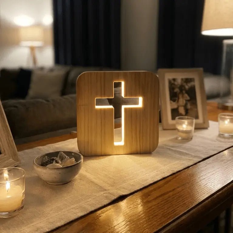 Cross lamp glowing on a table