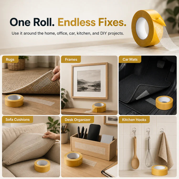 Double-sided mesh tape used around the home, office and car