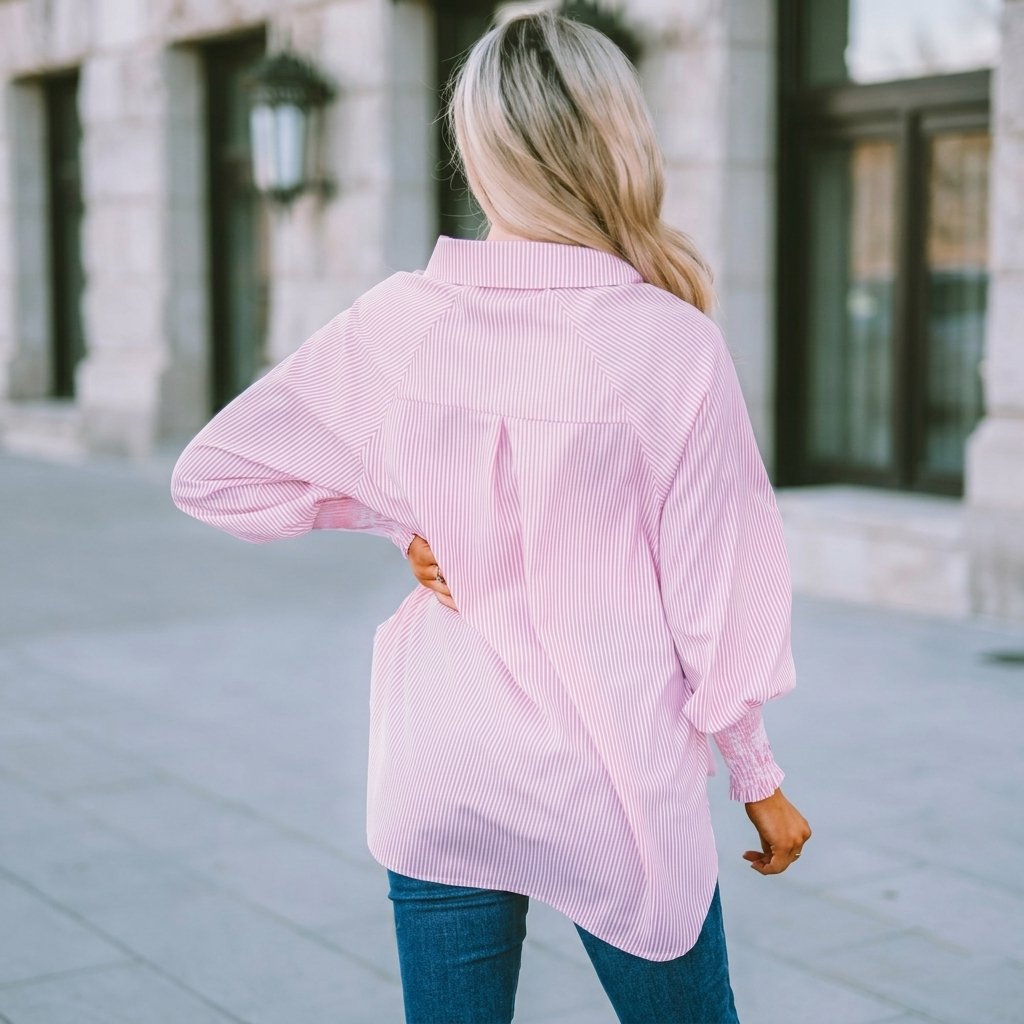 🔥Last Day 49% OFF🔥Chic Striped V-Neck Blouse: Oversized Fit & Smocked Cuffs