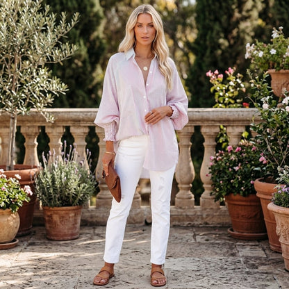 🔥Last Day 49% OFF🔥Chic Striped V-Neck Blouse: Oversized Fit & Smocked Cuffs