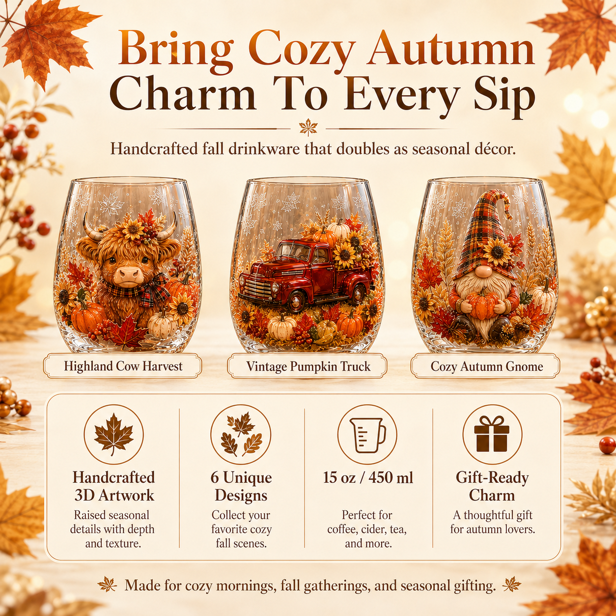 🍂Autumn Harvest 3D Glass Cup Gift Set – 6 Festive Designs