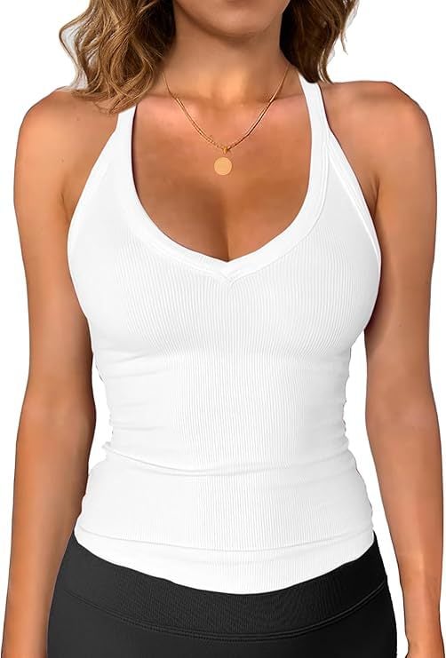 V-Neck Cotton Tank Top with Built-in Shelf Bra – Sleeveless Racerback Fitted Cami