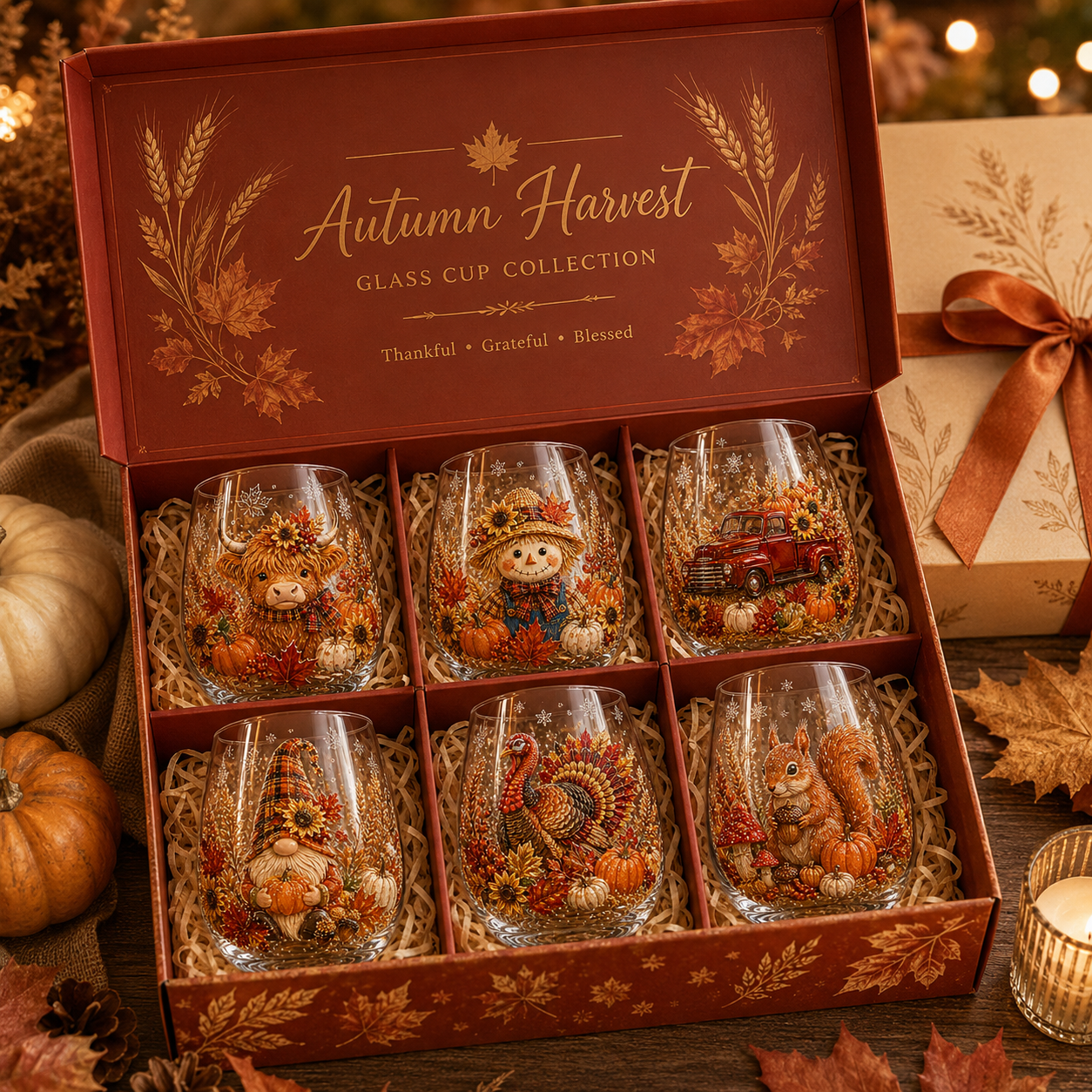 🍂Autumn Harvest 3D Glass Cup Gift Set – 6 Festive Designs