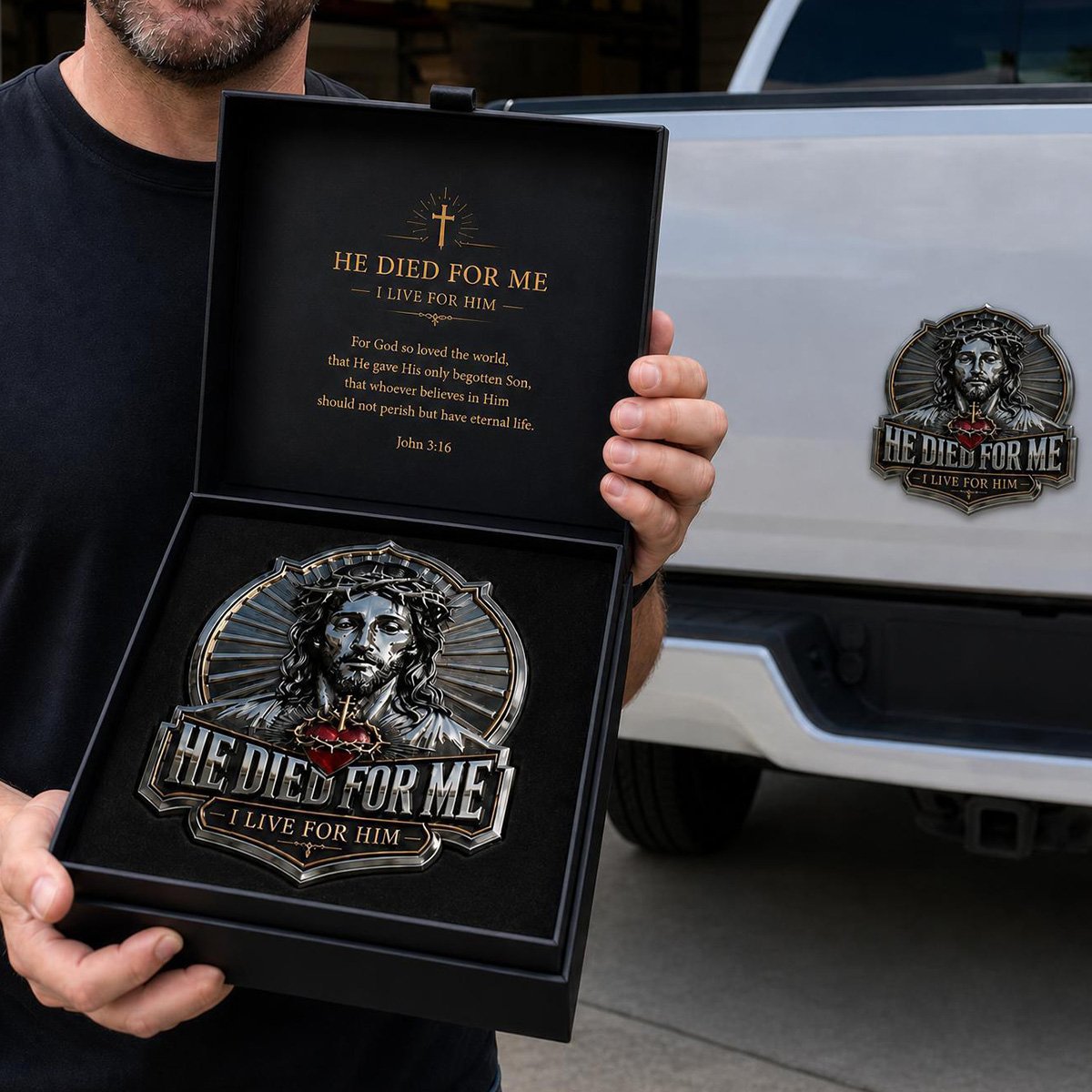 🩷He Died For Me 3D Metal Emblem ✝️|Waterproof • No Fade • No Rust • Magnet🧲