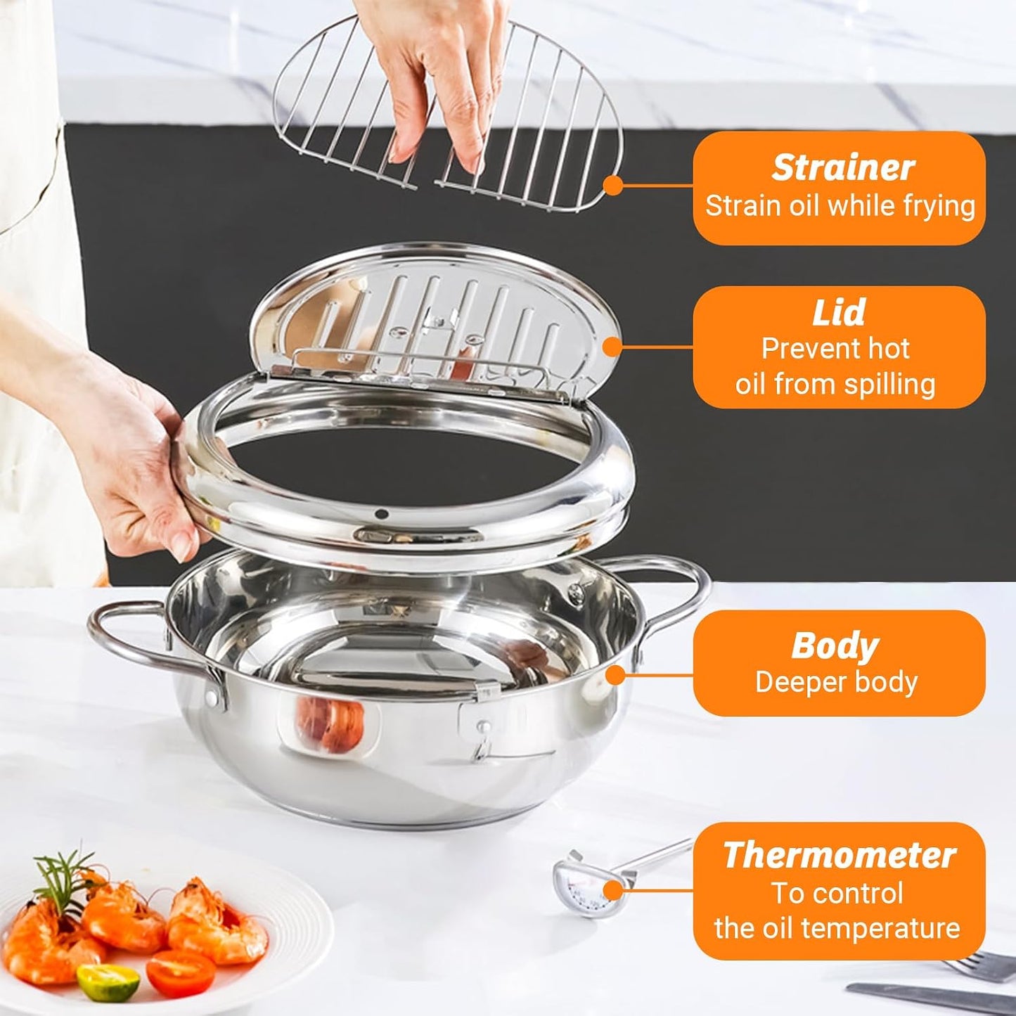 🍤Deep Fryer Pot with Oil Drop Tray Basket and Oil Thermometer, 304 Stainless Steel, Japanese-Style