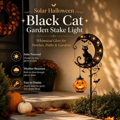 🎃 Solar Black Cat & Pumpkin Moon Garden Stake Light 🐈‍⬛– Magical Halloween Yard Décor