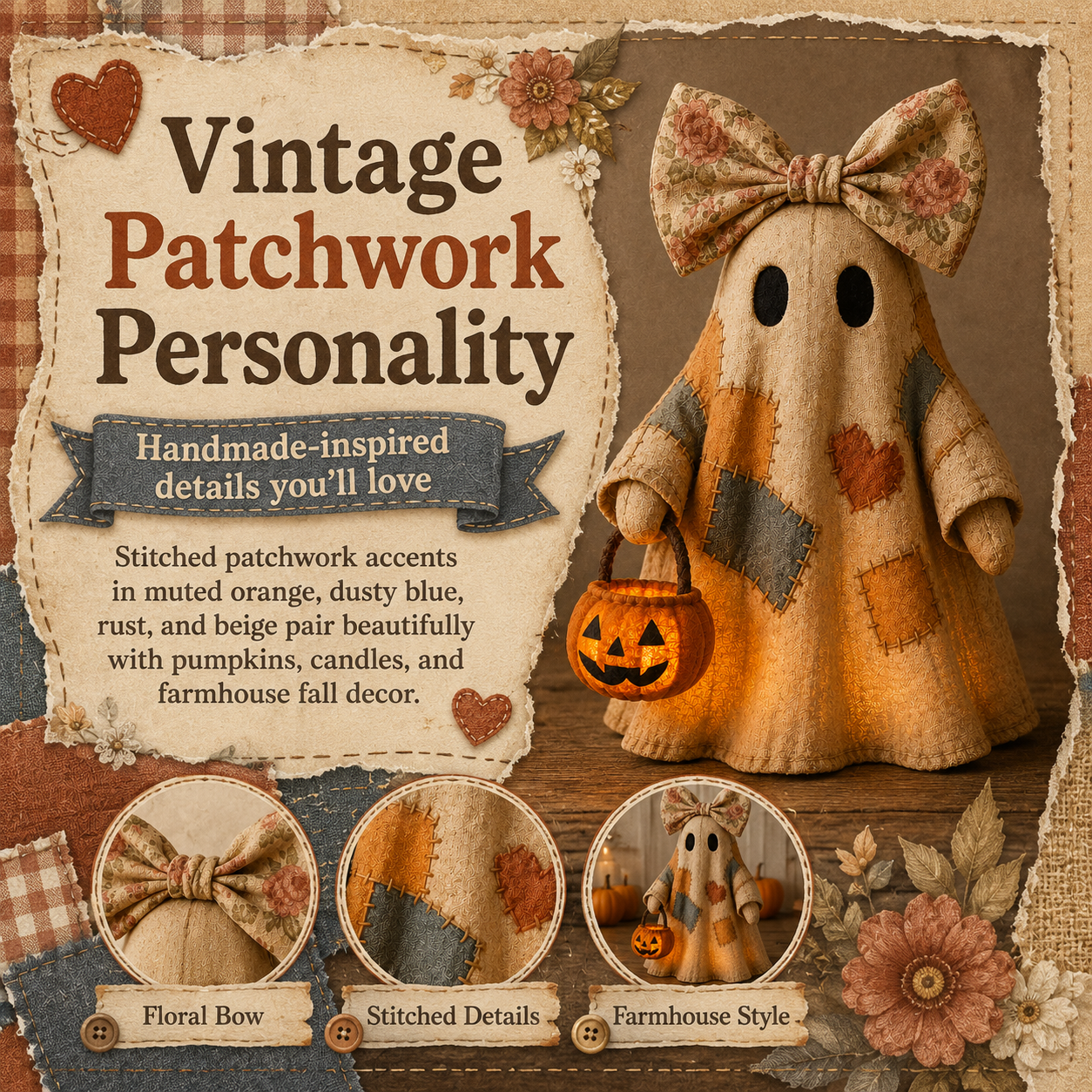 🍂👻Lighted Vintage Patchwork Ghost