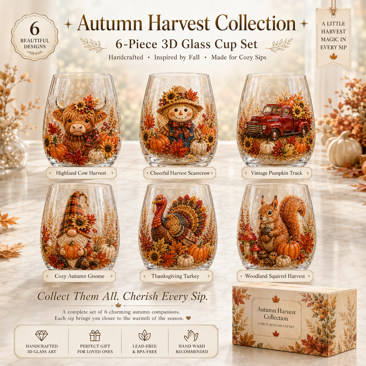 🍂Autumn Harvest 3D Glass Cup Gift Set – 6 Festive Designs