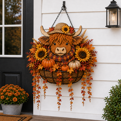 🐮🎃 Highland Cow Fall Hanging Basket with Warm LED Lights – Rustic Autumn Porch Decor & Farmhouse Welcome Accent