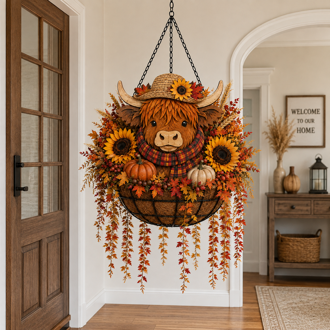 🐮🎃 Highland Cow Fall Hanging Basket with Warm LED Lights – Rustic Autumn Porch Decor & Farmhouse Welcome Accent