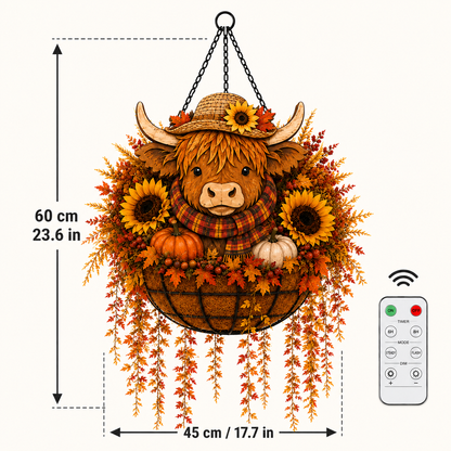 🐮🎃 Highland Cow Fall Hanging Basket with Warm LED Lights – Rustic Autumn Porch Decor & Farmhouse Welcome Accent