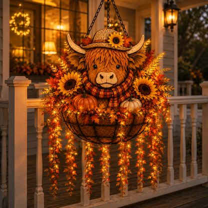 🐮🎃 Highland Cow Fall Hanging Basket with Warm LED Lights – Rustic Autumn Porch Decor & Farmhouse Welcome Accent