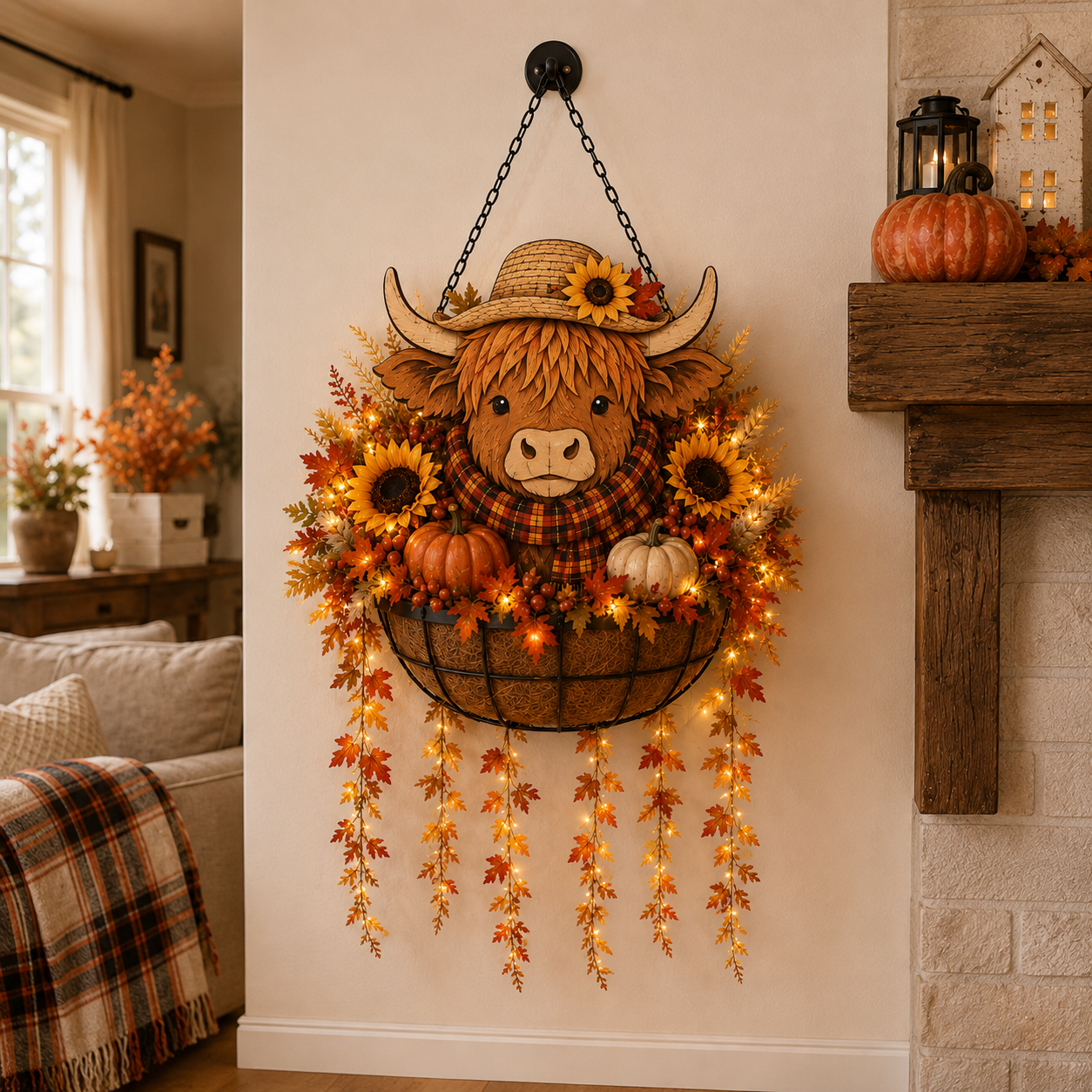 🐮🎃 Highland Cow Fall Hanging Basket with Warm LED Lights – Rustic Autumn Porch Decor & Farmhouse Welcome Accent