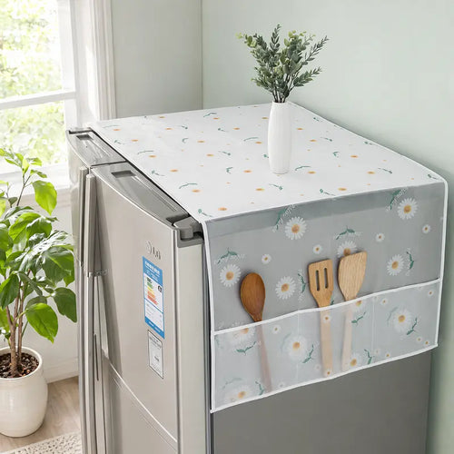 Daisy-print refrigerator dust cover with storage pockets