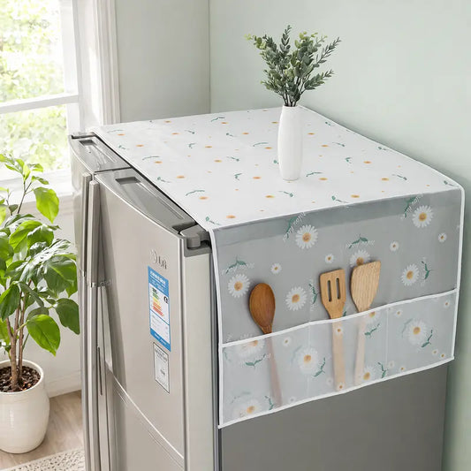 Daisy-print refrigerator dust cover with storage pockets