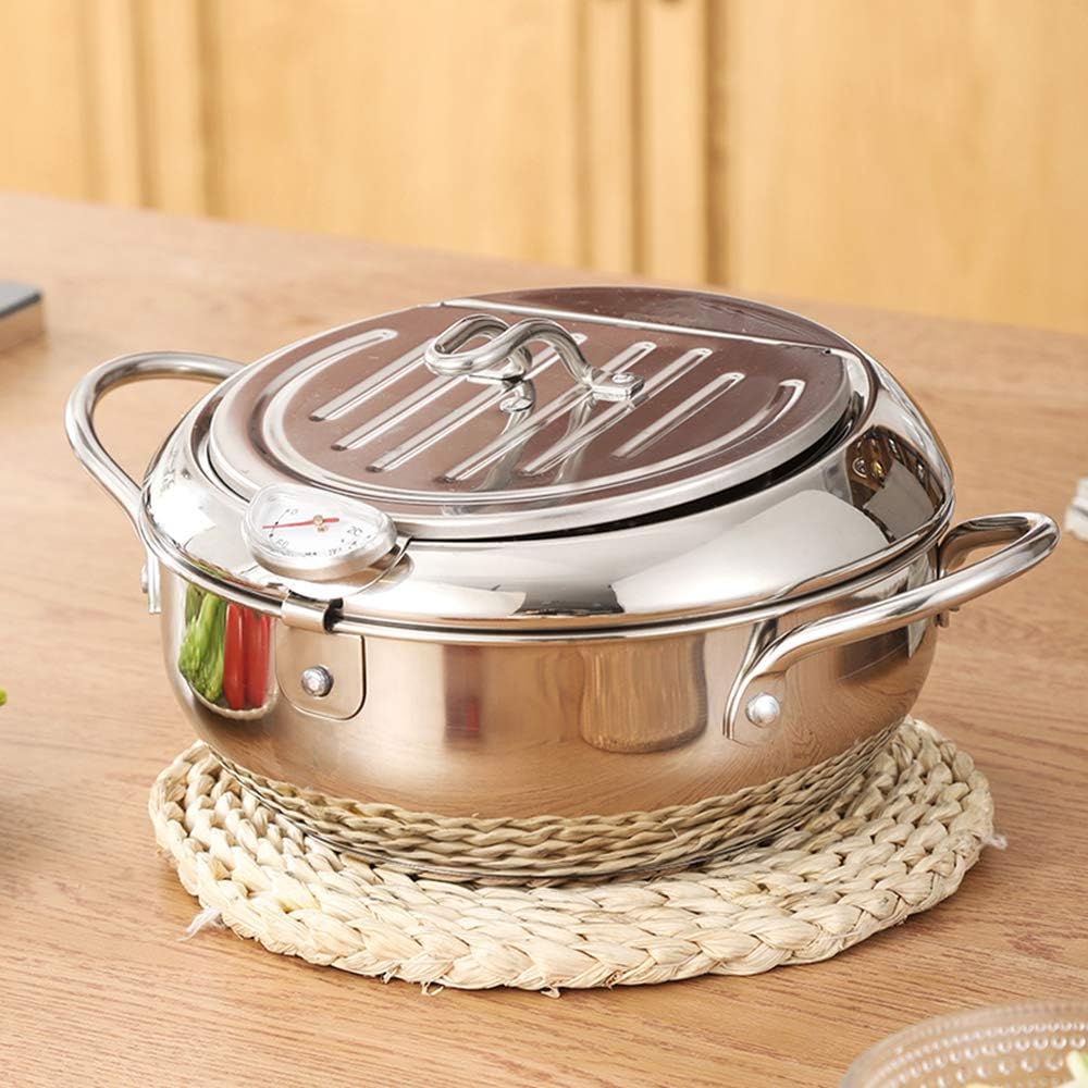 🍤Deep Fryer Pot with Oil Drop Tray Basket and Oil Thermometer, 304 Stainless Steel, Japanese-Style
