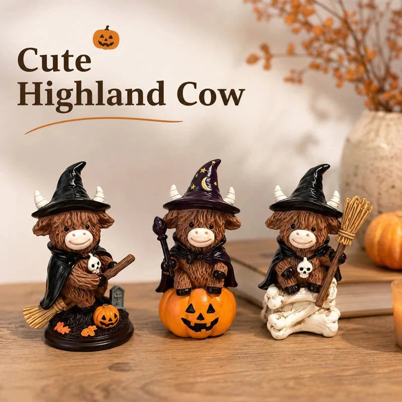 🔥Last Day 49% OFF 🐮Halloween Highland Cow Witch Ornament – Spooky-Cute Tabletop Decor for Mantel, Shelf & Candy Station