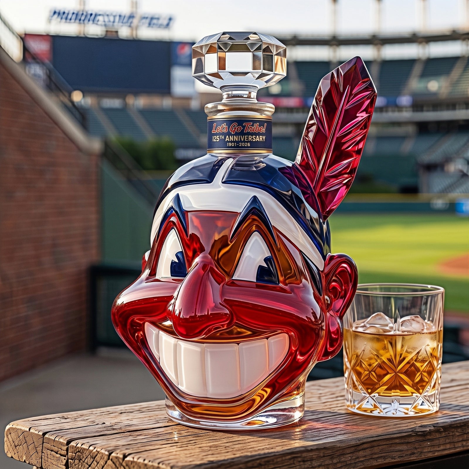 Let's Go Tribe 125th Anniversary whiskey bottle displayed at a baseball stadium