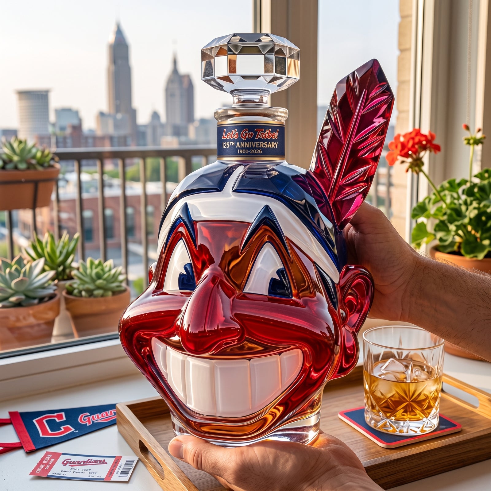 Let's Go Tribe anniversary whiskey bottle held beside a glass of whiskey