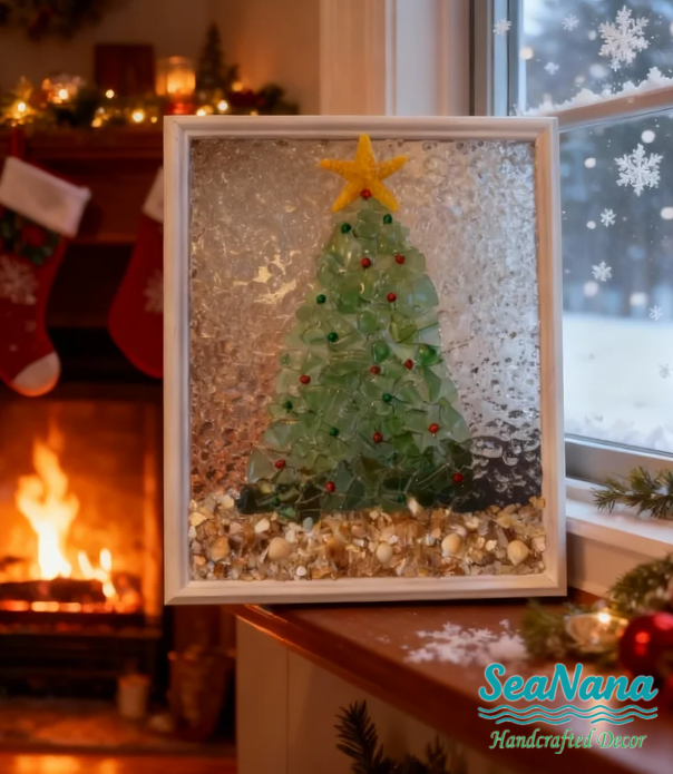 🎄Handcrafted Sea Glass Christmas Tree Art– Coastal Charm with Luxe Beachy Festive Flair🎄