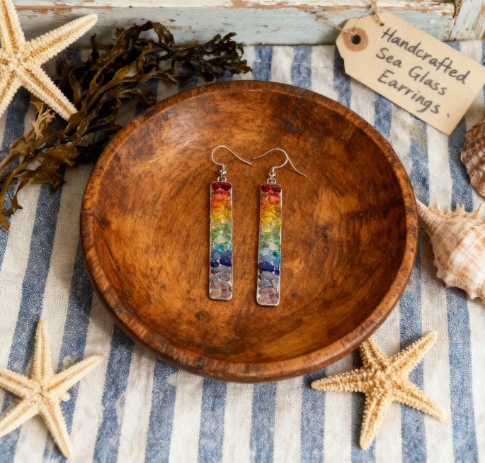 🌈 Sea-Tumbled Rainbow Bling——Hand-Calibrated🏖️One-of-a-Kind Coastal Earrings