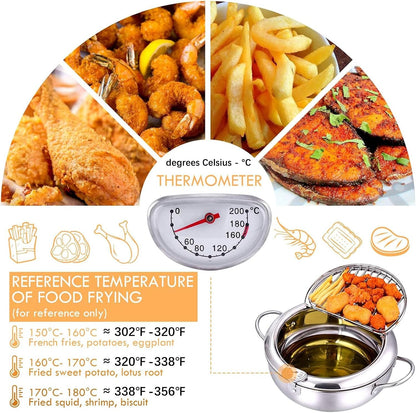 🍤Deep Fryer Pot with Oil Drop Tray Basket and Oil Thermometer, 304 Stainless Steel, Japanese-Style