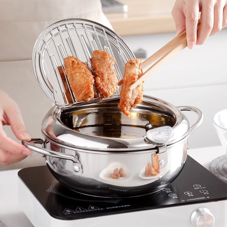 🍤Deep Fryer Pot with Oil Drop Tray Basket and Oil Thermometer, 304 Stainless Steel, Japanese-Style