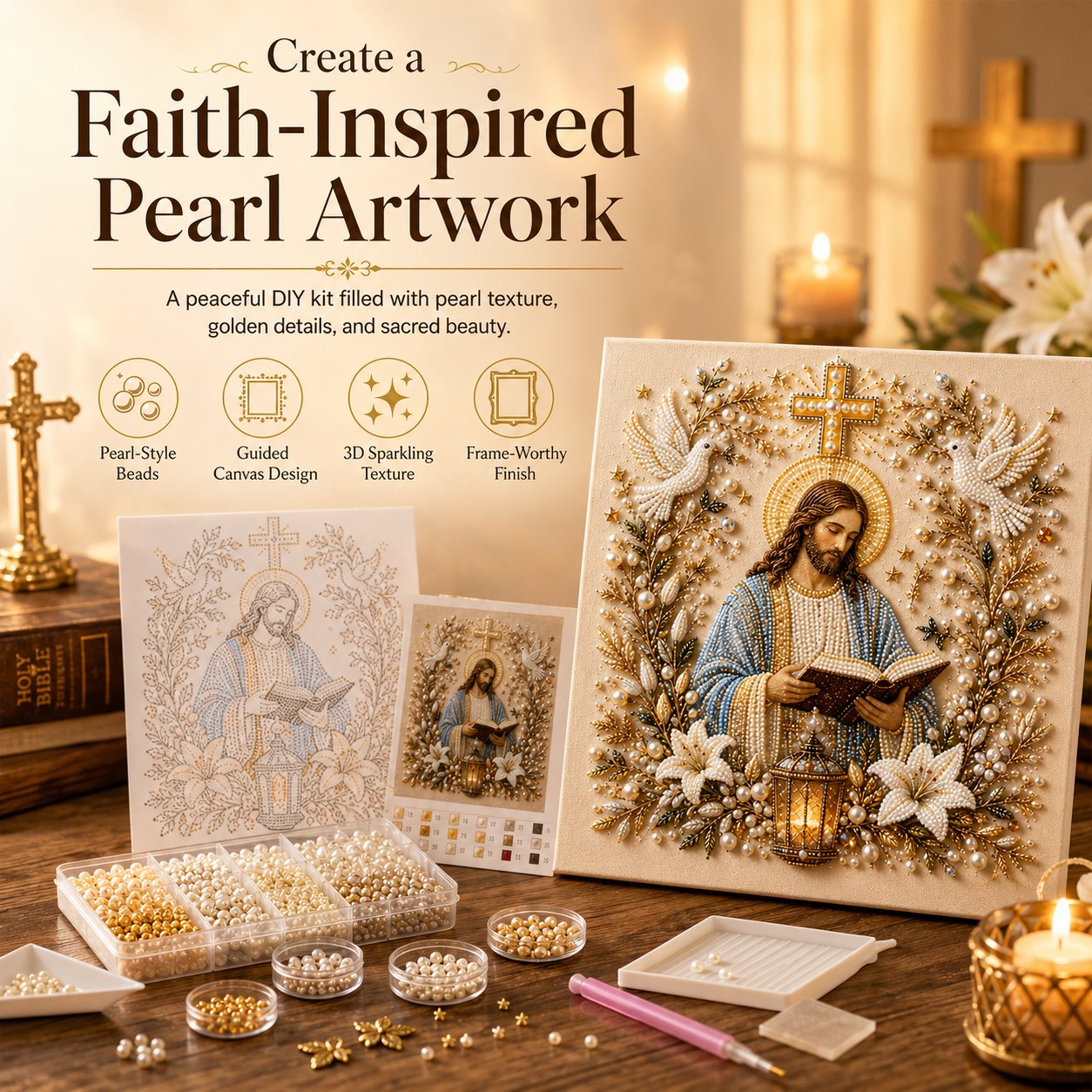 🔥 Last Day 49% OFF – ✝️ DIY Jesus Pearl Art Kit | 3D Pearl-Style Christian Artwork for Prayer Corners & Faith Gifts