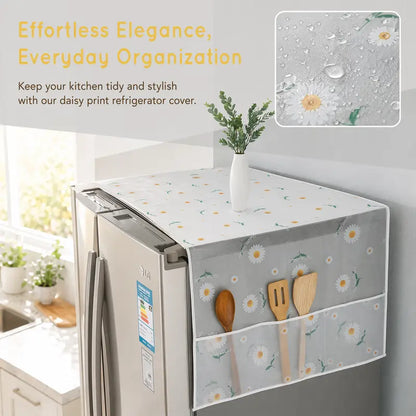 Daisy-print refrigerator dust cover with storage pockets