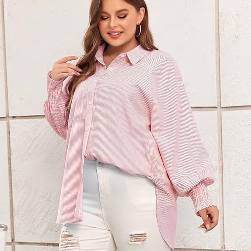 🔥Last Day 49% OFF🔥Chic Striped V-Neck Blouse: Oversized Fit & Smocked Cuffs