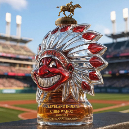 Let's Go Tribe! 125th Anniversary Chief Wahoo Whiskey Bottle