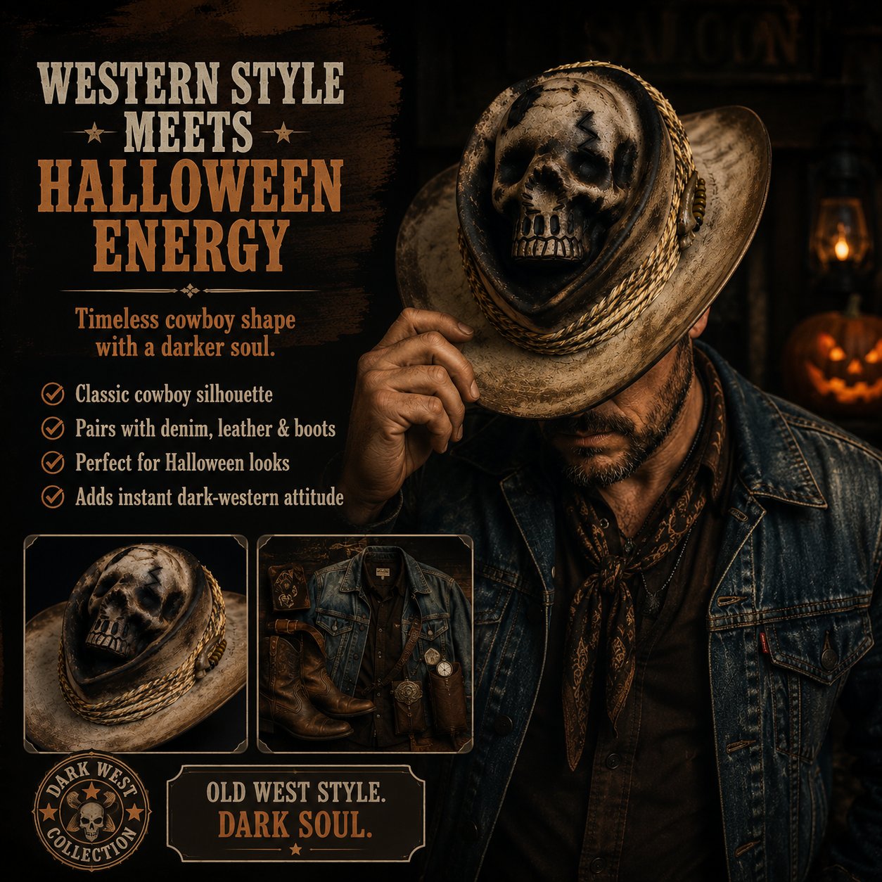 💀 Handmade Ghost Skull Cowboy Hat