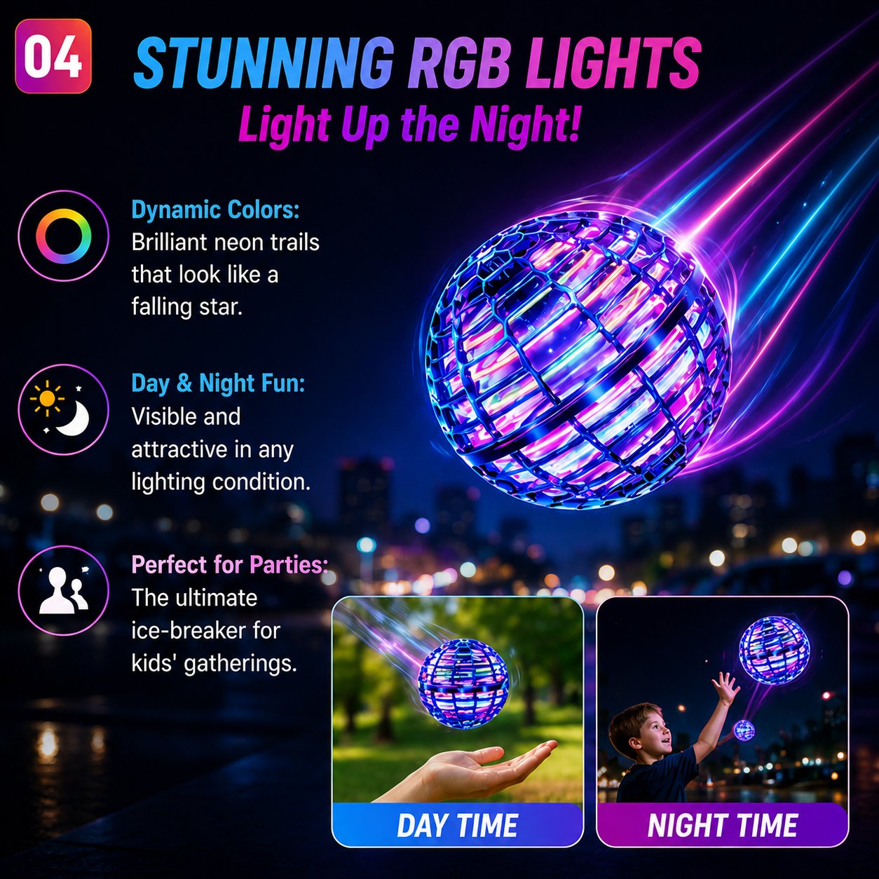 ✨ Flyorb Magic Flying Ball Toy RGB Light Boomerang Spinner
