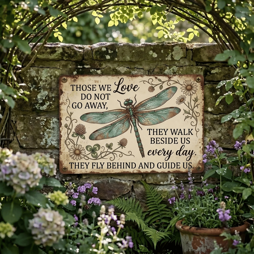 Dragonfly Memorial Garden Sign – “Those We Love Don’t Go Away” Sympathy Gift, Remembrance Outdoor Decor