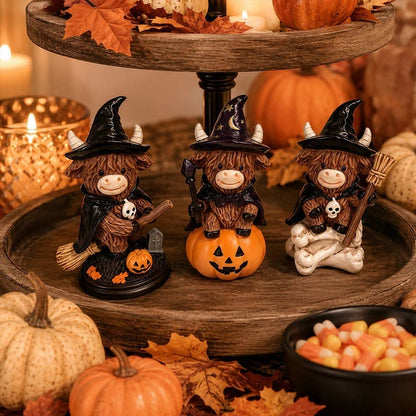 🔥Last Day 49% OFF 🐮Halloween Highland Cow Witch Ornament – Spooky-Cute Tabletop Decor for Mantel, Shelf & Candy Station