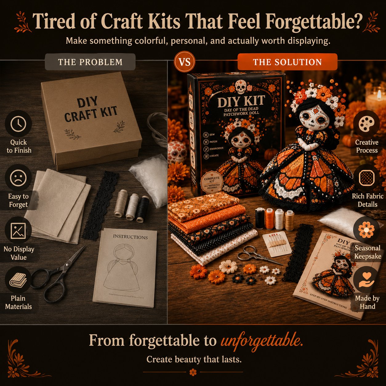🔥 LAST DAY 50% OFF – Day of the Dead Patchwork Doll DIY Kit | Handmade Fabric Craft with Floral Details