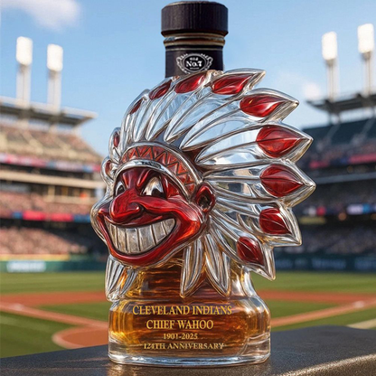 Let's Go Tribe! 125th Anniversary Chief Wahoo Whiskey Bottle
