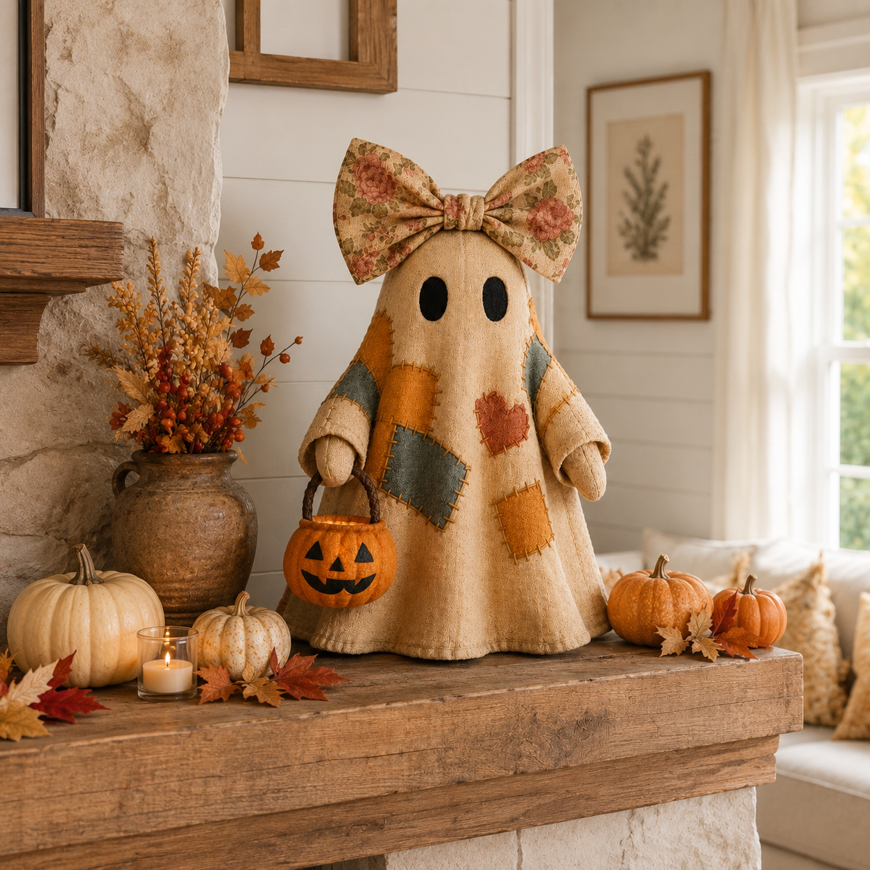 🍂👻Lighted Vintage Patchwork Ghost
