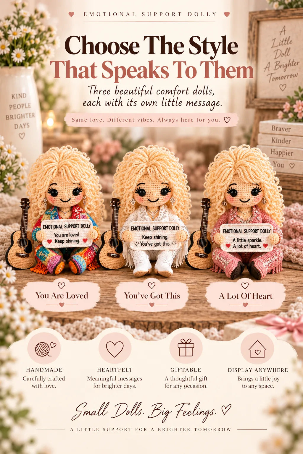 🔥LAST DAY 50% OFF - 💗Handmade Crochet Emotional Support Dolls | Country‑Music‑Inspired Encouragement Keepsake Gift With Heartfelt Positive Message Cards