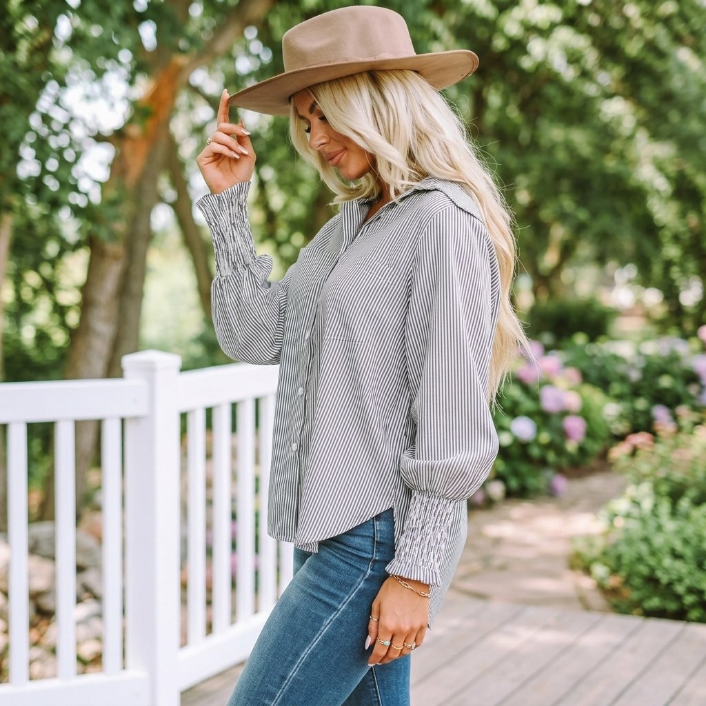 🔥Last Day 49% OFF🔥Chic Striped V-Neck Blouse: Oversized Fit & Smocked Cuffs