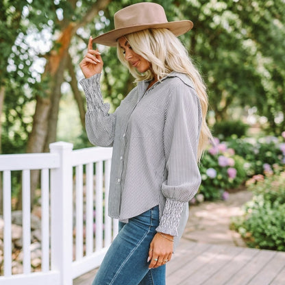 🔥Last Day 49% OFF🔥Chic Striped V-Neck Blouse: Oversized Fit & Smocked Cuffs