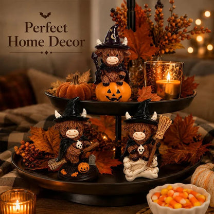 🔥Last Day 49% OFF 🐮Halloween Highland Cow Witch Ornament – Spooky-Cute Tabletop Decor for Mantel, Shelf & Candy Station