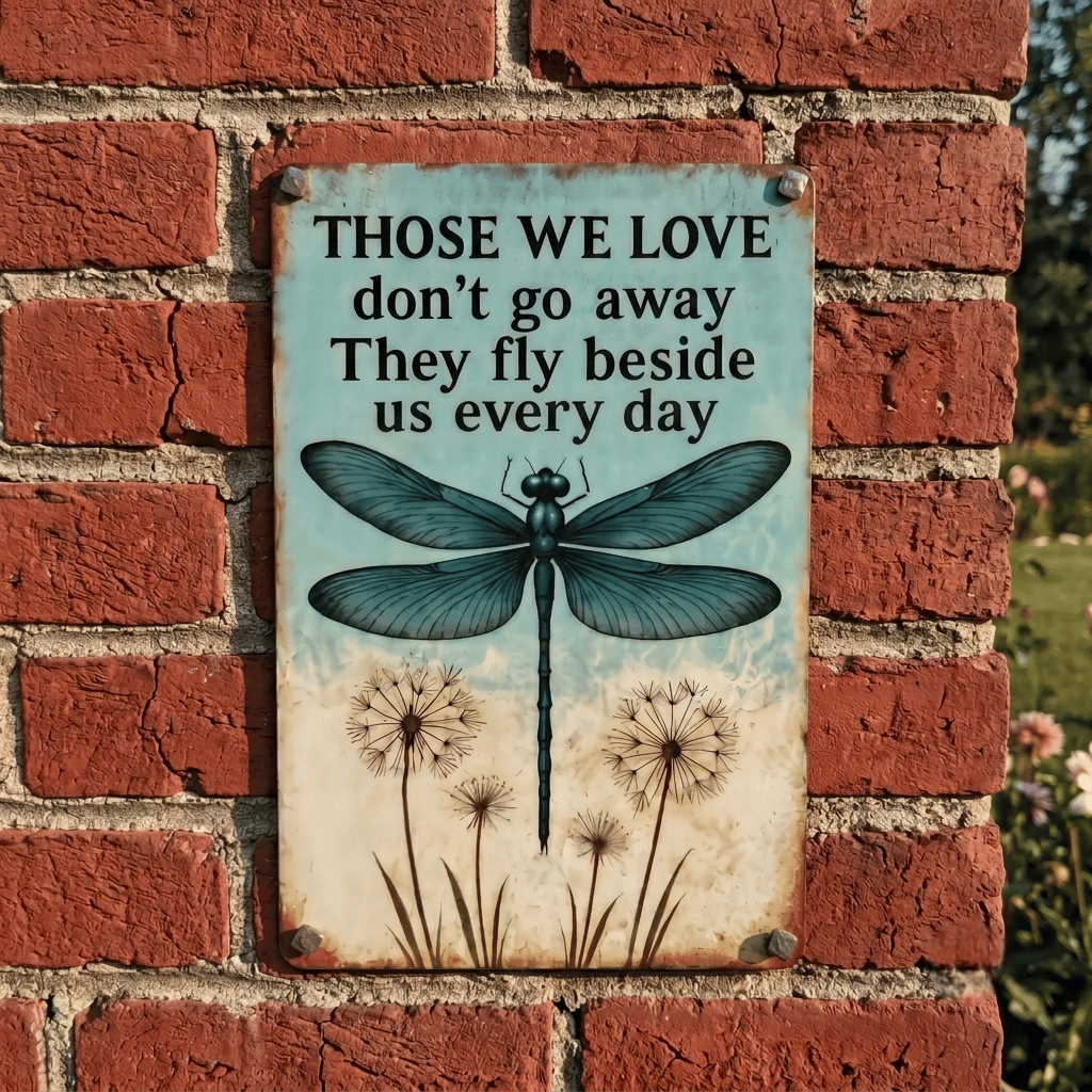 Dragonfly Memorial Garden Sign – “Those We Love Don’t Go Away” Sympathy Gift, Remembrance Outdoor Decor