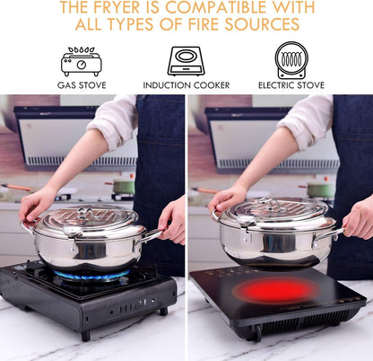 🍤Deep Fryer Pot with Oil Drop Tray Basket and Oil Thermometer, 304 Stainless Steel, Japanese-Style