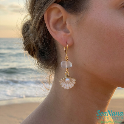 ✨Handcrafted Sea Glass & Seashell Drop Earrings